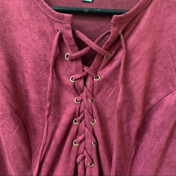 Maroon Suede Lace Up Bell Sleeve Dress - Picture 2 of 7